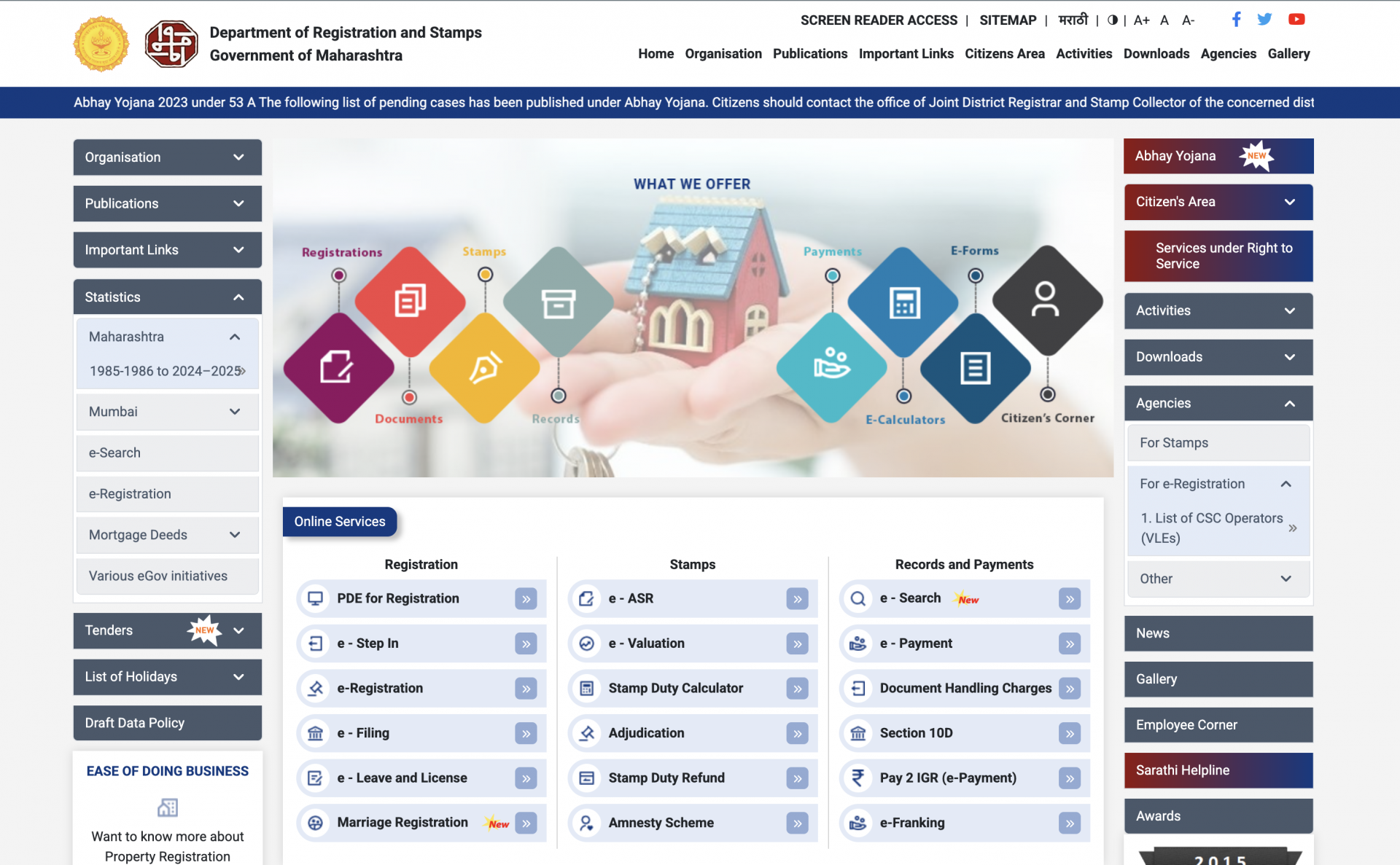 Maharashtra Government's Official Land and Property Registration and Stamp Duty Website